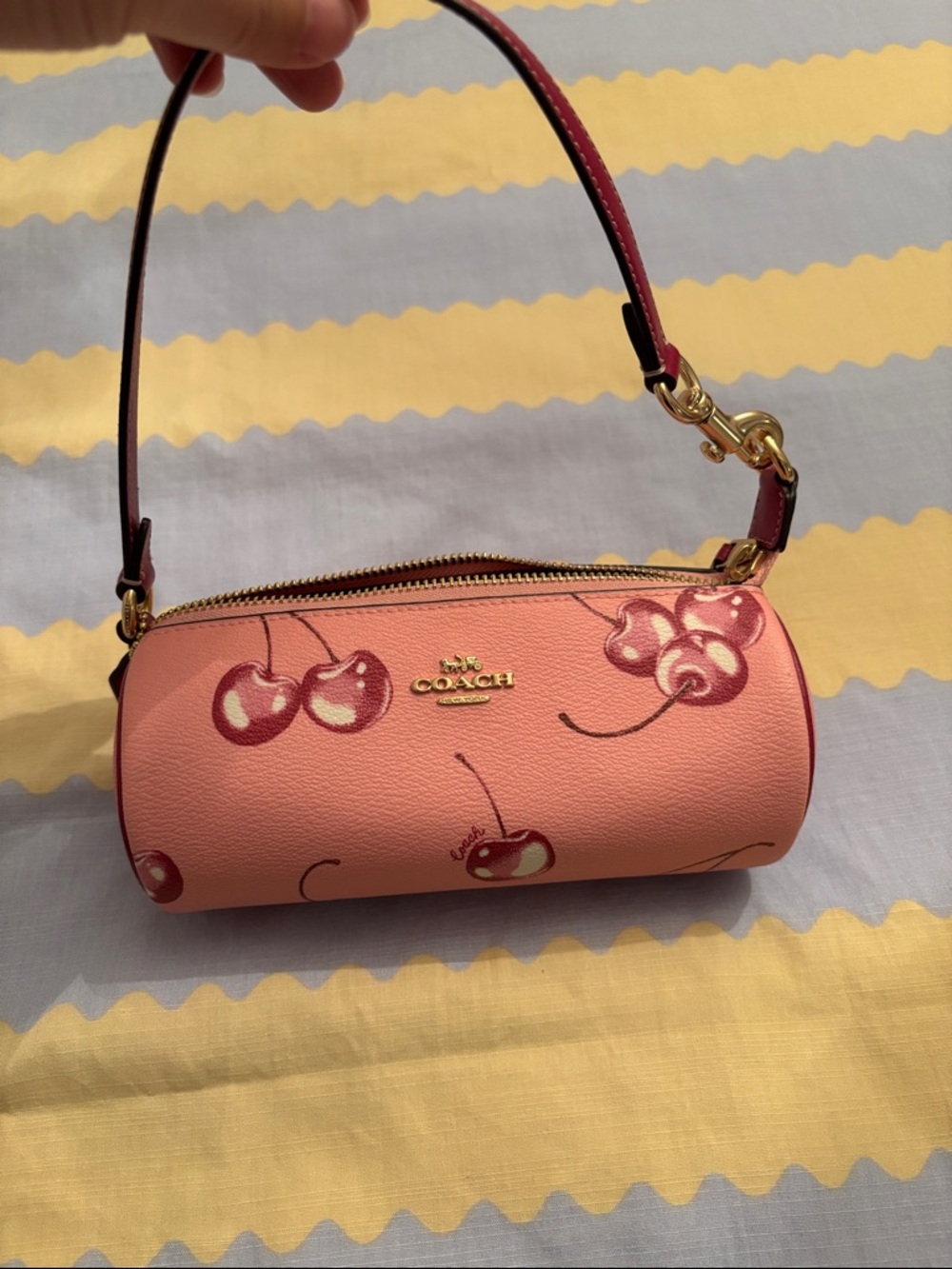 Coach Pink Cherry-Print Barrel Wristlet with Gold Hardware
